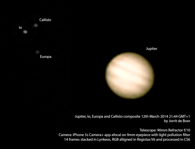 Jupiter and moons shot with iphone through a 90mm refractor