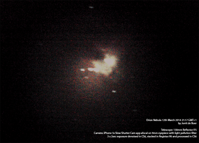 The Orion Nebula as captured with my iphone through a 130mm reflector