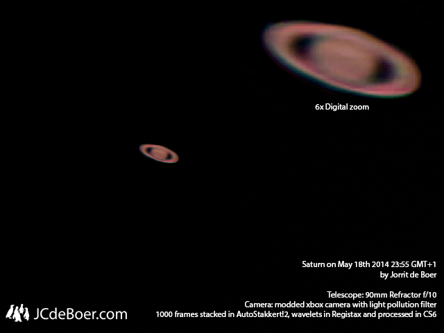 Saturn from last night, stacked, RGB aligned, applied wavelets, adjusted contrast and used smart sharpening.