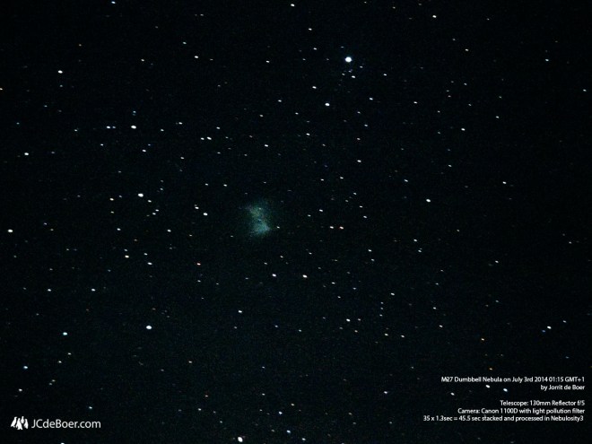 The Dumbbell Nebula (M27) through a 130mm telescope with light pollution filter
